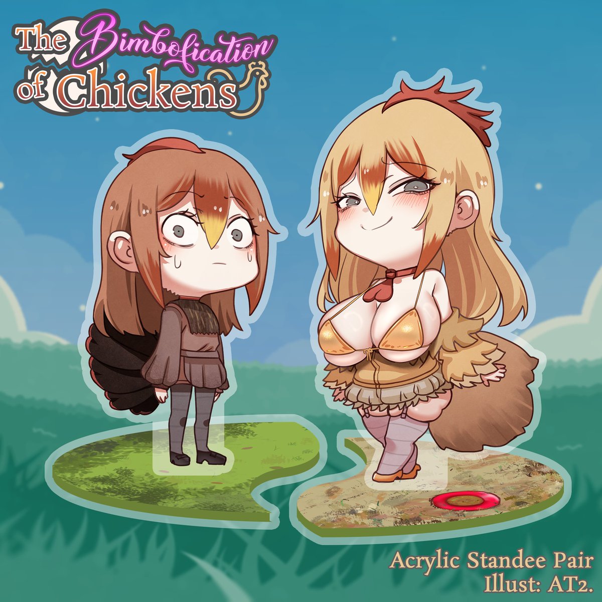 You can now enjoy the Bimbofication of Chickens at home, with our brand new acrylic stands!! 🐔✨️ merch.kawaentertainment.com/collections/mwm Use them as a conversation starter about how much the human race has genetically altered livestock through the use of selective breeding! 🤩