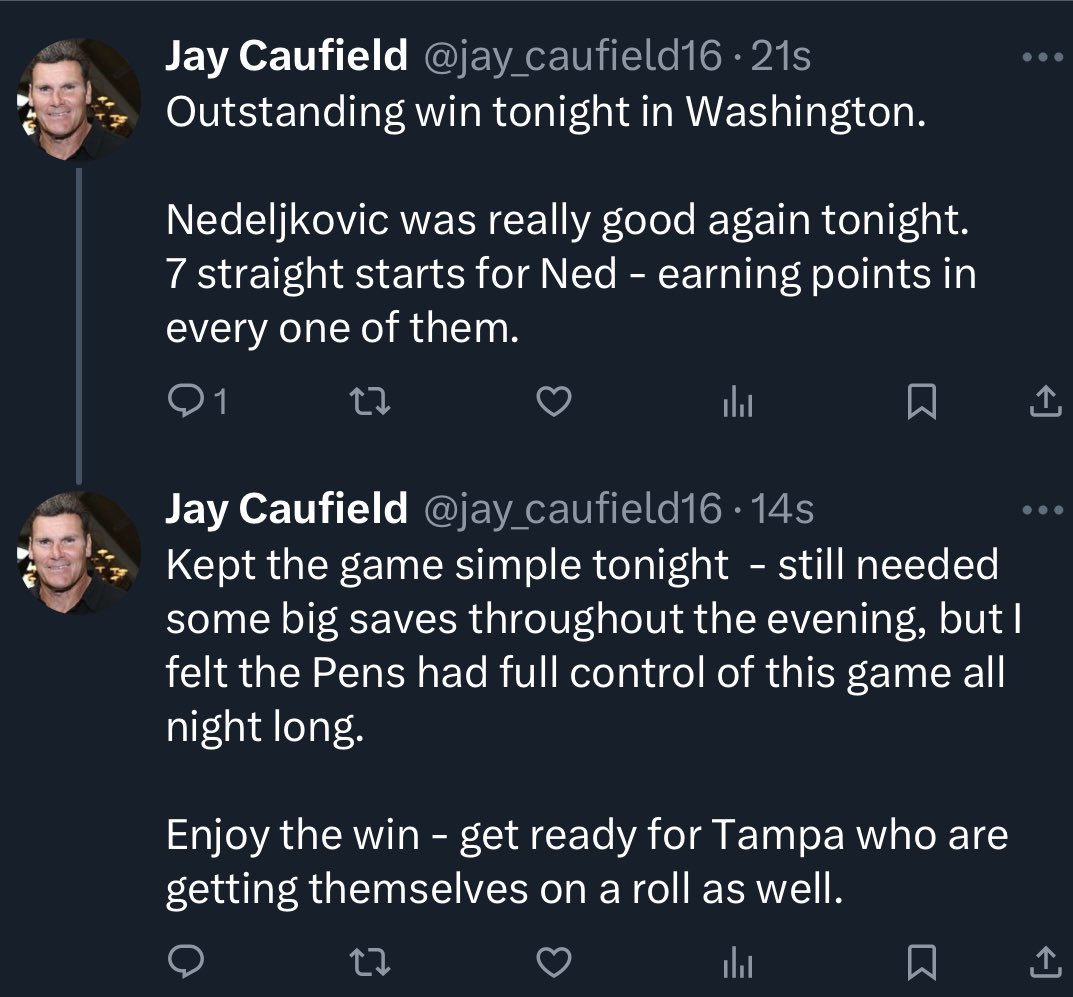 A @jay_caufield16 postgame tweet so good, it didn’t fit into one dispatch. #StanleyCupChamp #GreatGuy #LetsGoPens