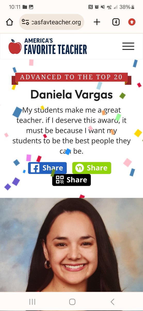 Daniela Vargas (@dani_vargas_m) on Twitter photo I made it to the next phase!!!! Thank you all for the support!!!!🥰❤️ Top 15 will be announced next Thursday (04/11).
Keep voting here⤵️
americasfavteacher.org/2024/daniela-v…
<a href="/ParticipateLrng/">Participate Learning</a> #unitingourworld <a href="/HowardHallElem/">Howard Hall</a> <a href="/CumberlandCoSch/">Cumberland County Schools</a> @CCSEquity @CCSSuptConnelly <a href="/WL_TCI/">CCS World Language Department</a> I made it to the next phase!!!! Thank you all for the support!!!!🥰❤️ Top 15 will be announced next Thursday (04/11).
Keep voting here⤵️
americasfavteacher.org/2024/daniela-v…
<a href="/ParticipateLrng/">Participate Learning</a> #unitingourworld <a href="/HowardHallElem/">Howard Hall</a> <a href="/CumberlandCoSch/">Cumberland County Schools</a> @CCSEquity @CCSSuptConnelly <a href="/WL_TCI/">CCS World Language Department</a>