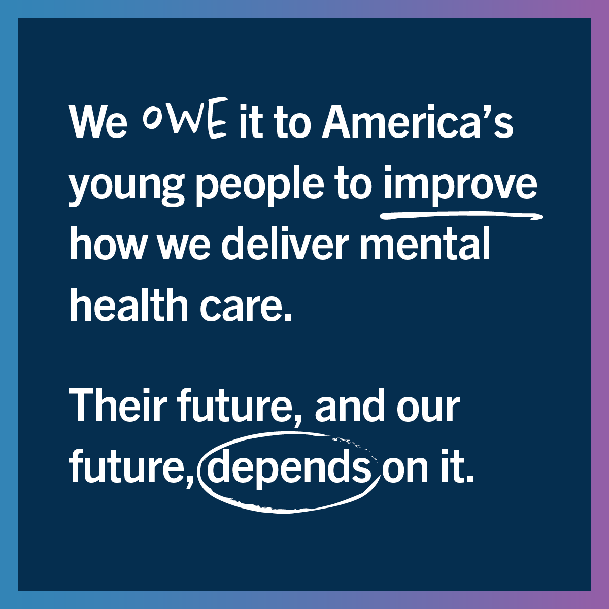 We owe it to America's youth to improve how we deliver mental health care. Their future, and our future, depends on it. Read this #youthmentalhealth report: theactionalliance.org/resource/youth…. @APA @usedgov @MentalHealthAm @jedfoundation @SPRCtweets @EDCtweets @samhsagov