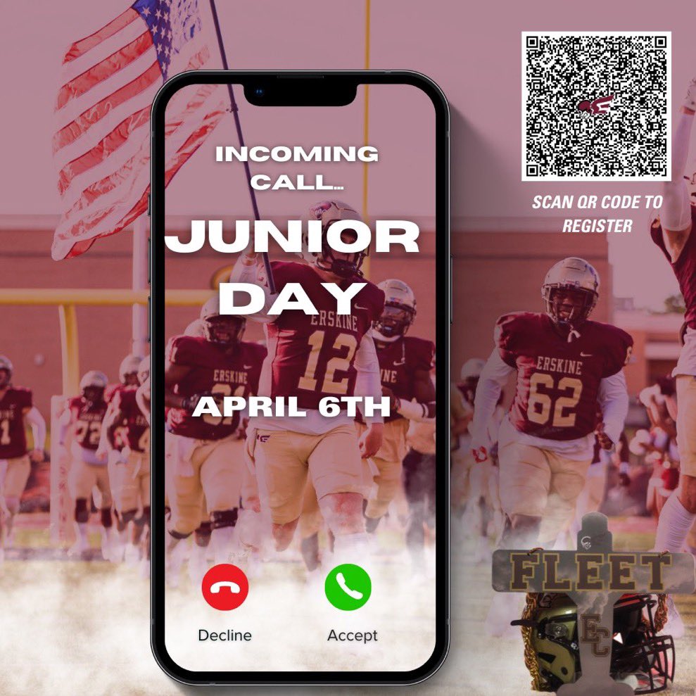 I will be attending Erskine football’s Junior day this Saturday! Very blessed and thankful for this opportunity! Thank you @CoachCasterlin @FleetFB for inviting me! @Atlantic_Armada @TweetsbyCoachP @CoachRivens76