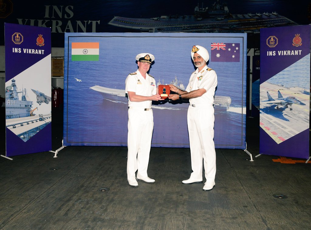 VAdm Mark Hammond @CN_Australia on his visit to #SNC #Kochi visited #IndianNavy's indigenous aircraft carrier @IN_R11Vikrant on #04Apr 24. He was provided an overview of ship's capabilities during walkaround.Visit underscores growing significance of #maritime engagement b/n 🇮🇳&🇦🇺