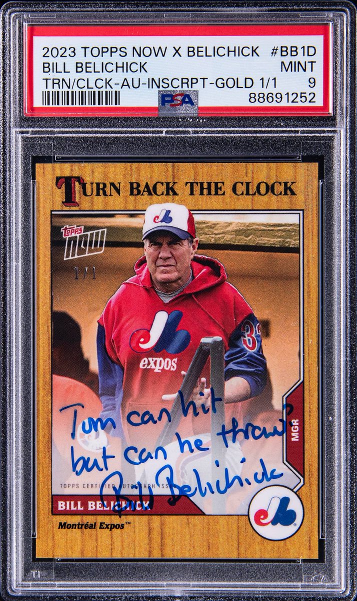 SOLD! 👨‍⚖️ 2023 @Topps Now X Belichick Turn Back The Clock Autograph Inscription Gold Bill Belichick Signed/Inscribed 'Tom can hit but can he throw?' Card 1/1 ⚾ 🏈 Final Sale Price: $18,910 💰 Total Bids: 8️⃣8️⃣ All-time sale for any Bill Belichick card 📈