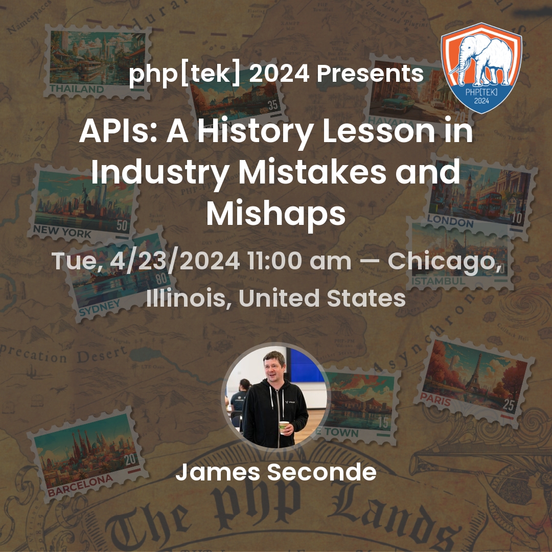 Meet @SecondeJ and @dragonmantank as they're heading to @phptek! Come talk to us at the Vonage booth and don’t miss out Jim’s talk on “APIs: A History Lesson in Industry Mistakes and Mishaps”. #developers #php 🗓️ April 23rd 🕚 11 AM tek.phparch.com/schedule