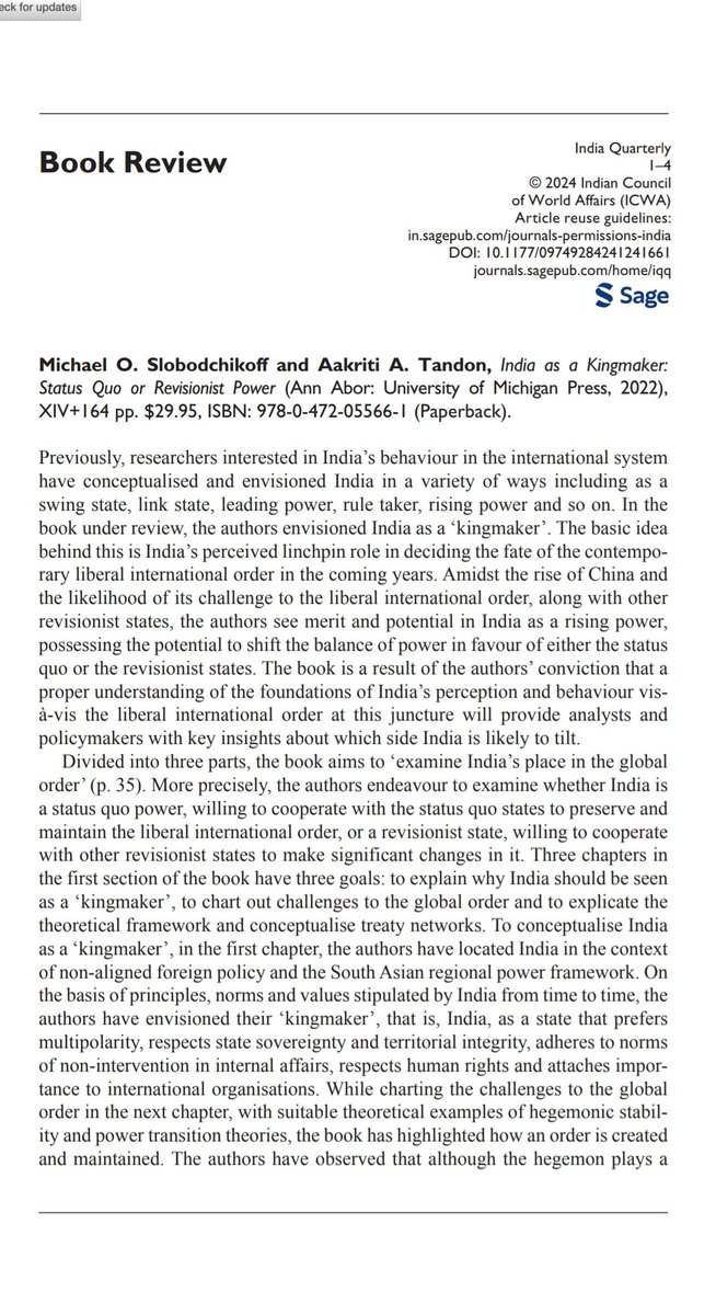 My Review of 'India as a Kingmaker: Status Quo or Revisionist Power' by Michael O. Slobodchikoff and Aakriti A Tandon published in India Quarterly. Full review can be accessed here: journals.sagepub.com/doi/pdf/10.117…