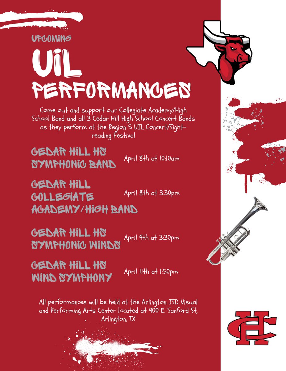 Deemchamp's tweet photo. Come out and Support! @RedArmyBandCHHS @Collegiate_Band @cedarhillisd @PrincipalJoffre @jdedmun @collegiate_ch @Cedar_Hill_HS https://t.co/aobNztCjT1