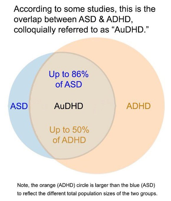 autismsupsoc's tweet photo. Autism and ADHD frequently co-occur, something colloquially called #AuDHD. 

Current estimates are that the majority of Autistic people are #AuDHD.

Some estimates are that up to 50% of ADHDers are #AuDHD. 

#AutismAcceptanceMonth https://t.co/JFj1wkdF9K