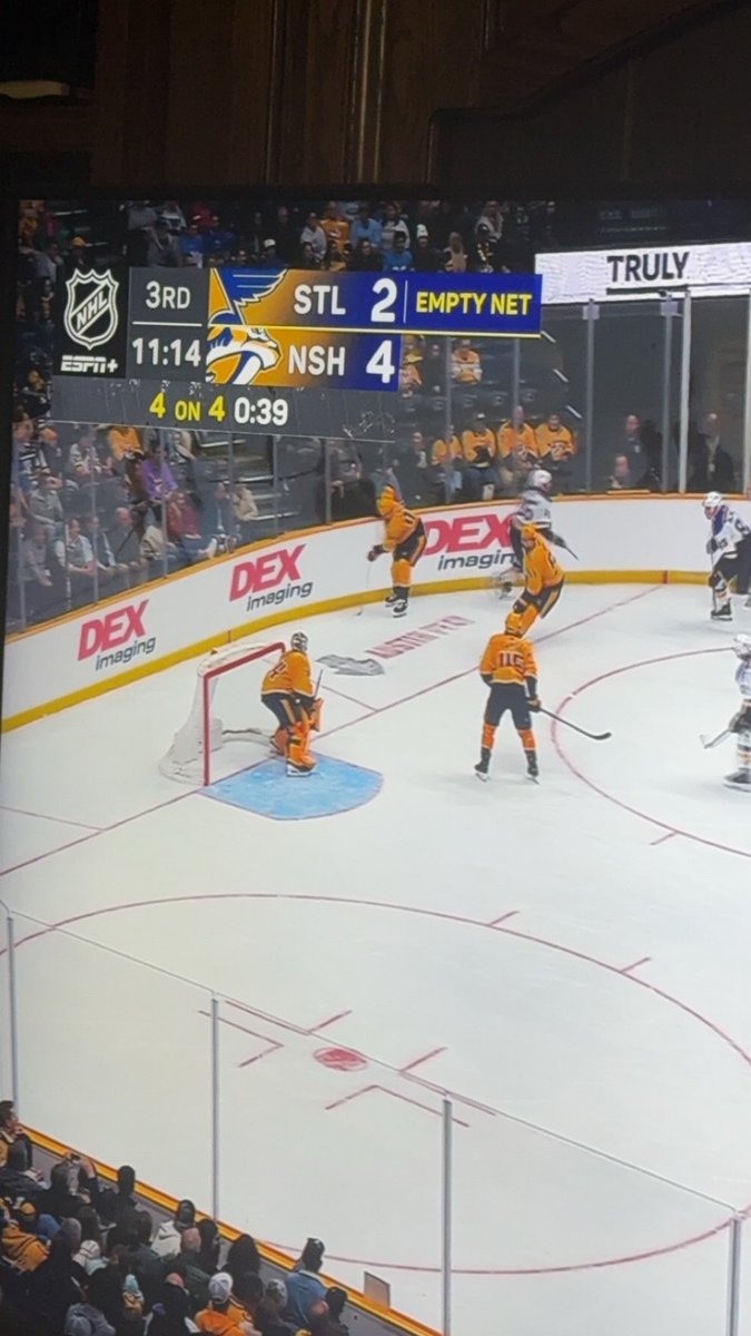 Wow. Gutsy call to pull goalie with 11 mins left. But they were attacking good. Preds held it out till stL got penalty. Now 4 on 3