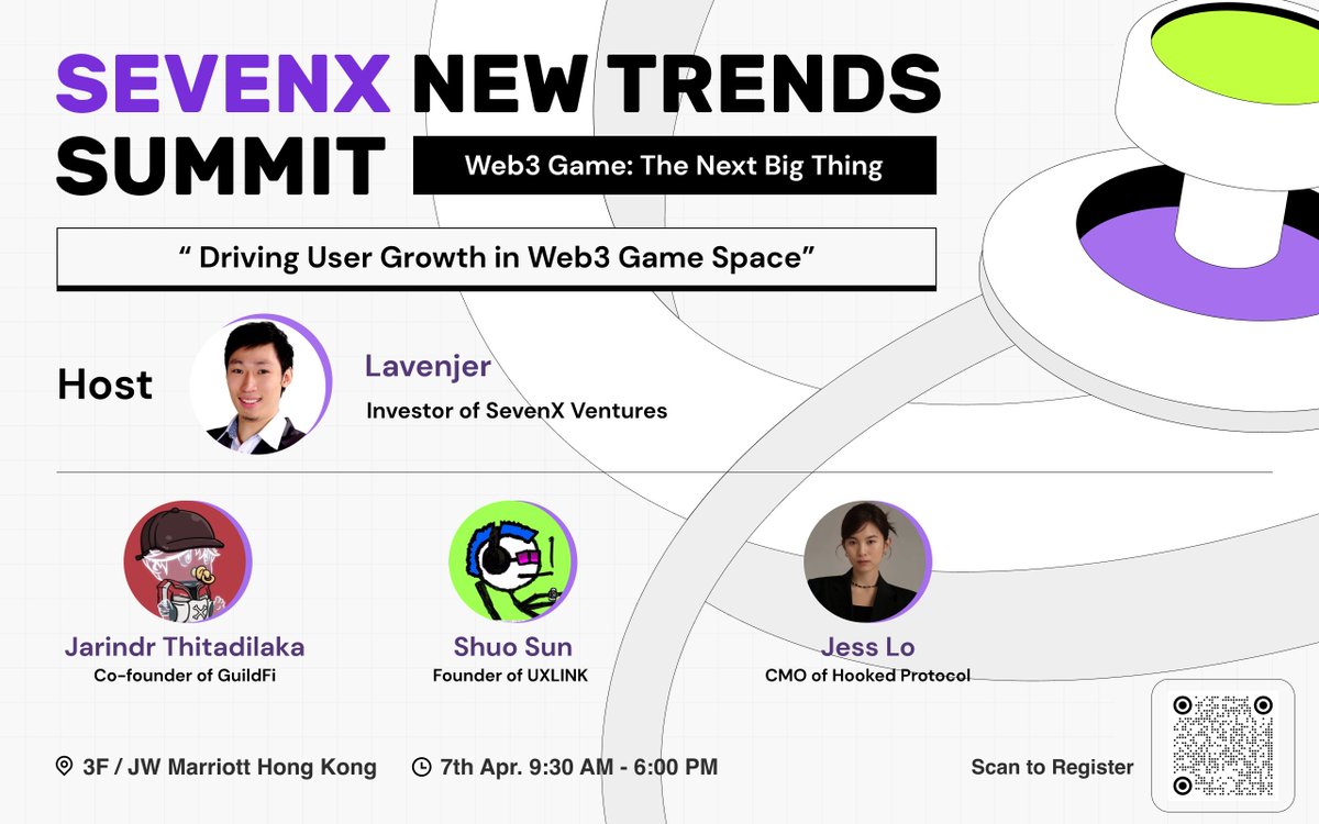 🔥Panel Spotlight at SEVENX NEW TRENDS SUMMIT | Web3 Game: The Next Big Thing🇭🇰 @festival_web3 🎮Join us and unveil the secret of driving user growth in the web3 game space. RSVP➡️lu.ma/NewTrendsSummi… Meet our esteemed panelists: ​💡@jarindr Co-founder of @GuildFiGlobal…