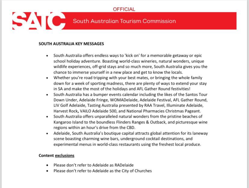 A memo from the South Australian Tourism Commission telling interstate media not to refer to Adelaide as ‘Radelaide’ or ‘The City of Churches’ 🤣