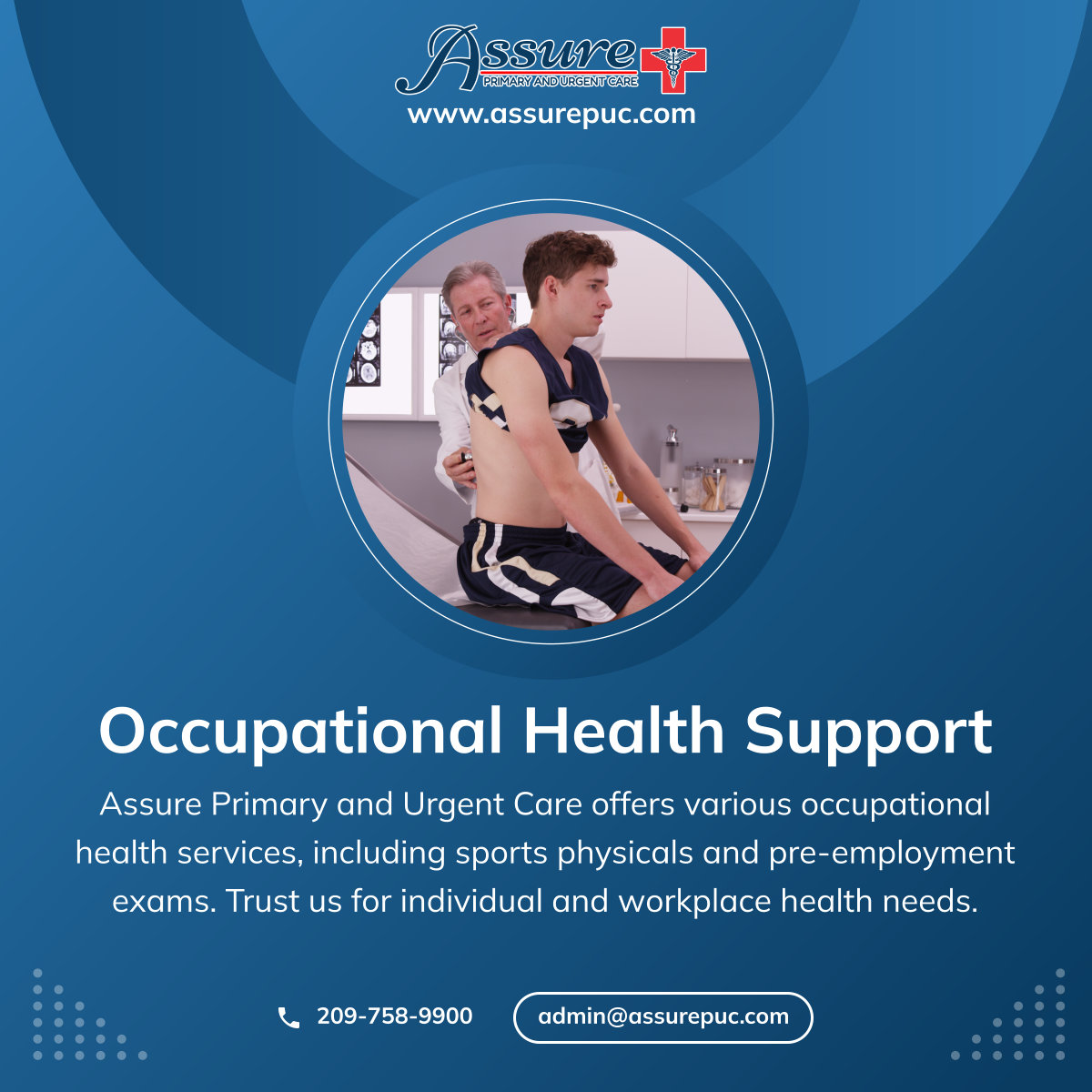 Stay healthy at work with our occupational health services. From sports physicals to pre-employment exams, Assure Primary and Urgent Care has you covered. 

#MountainHouseCA #MedicalServices #OccupationalHealth