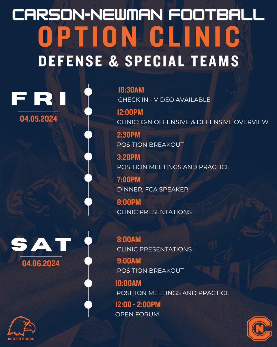 Hope many of you are planning to attend the @cnfootball Option Clinic this weekend in Jefferson City, TN! You’d be hard pressed to find coaches with more triple option knowledge than @CoachAIngram, @CoachChuckPete, and the rest of their staff! Register: admissions.cn.edu/register/cncoa…