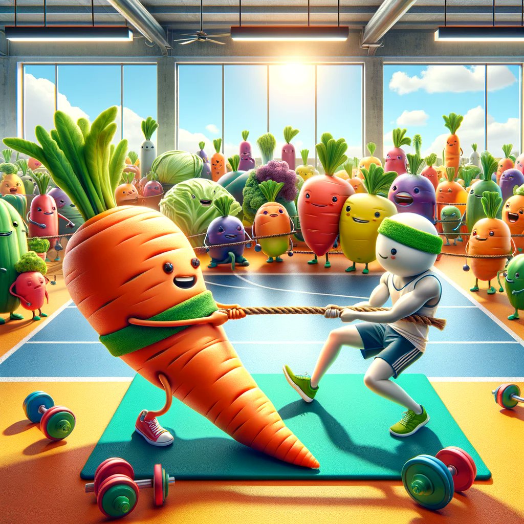 Pulling for those gains! 💪🥕 Join the veggie workout craze! #CarrotChallenge #FitnessFun #WhimsicalWorkout #HealthyHabits #GymTime #FitFam #VeggiePower #WorkoutMotivation #TugOfWar #HealthyLiving