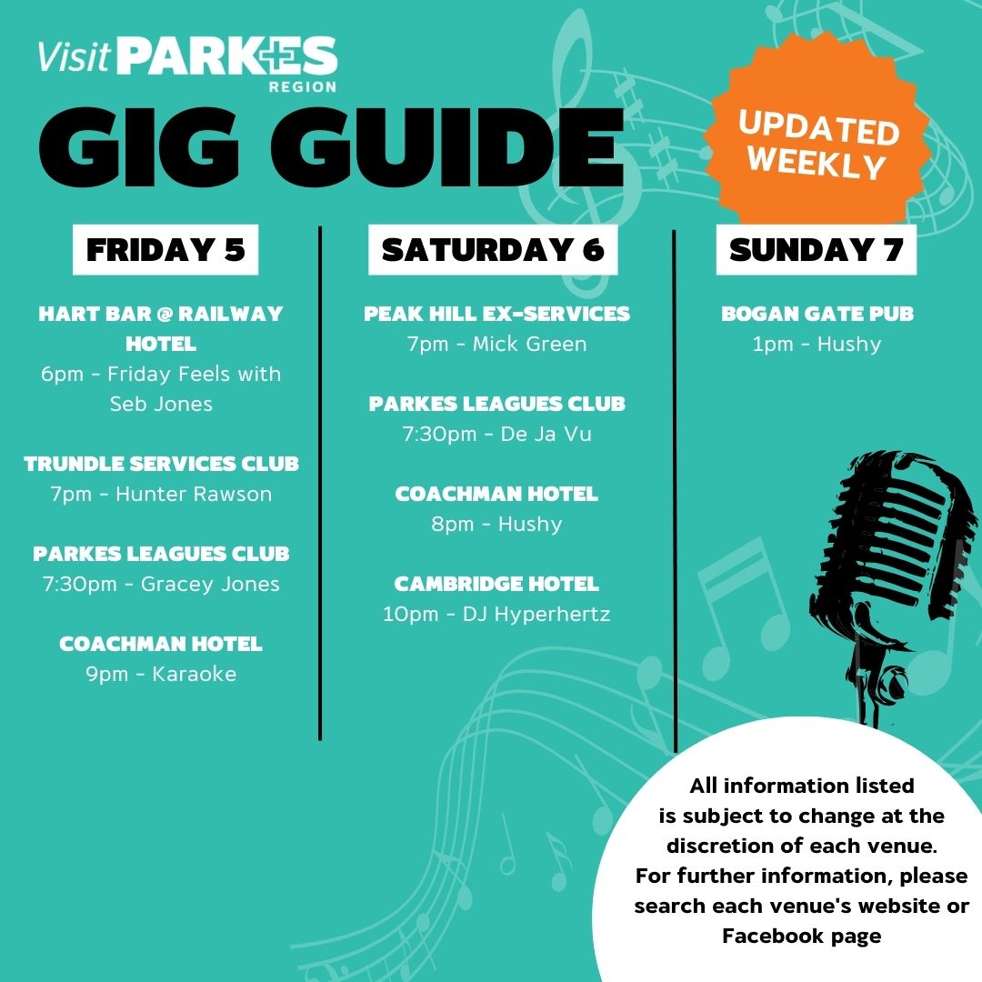 Discover the most electrifying live music events in our vibrant Shire this weekend! The gig guide is your one-stop source for all the thrilling things happening! 🎸#visitparkes