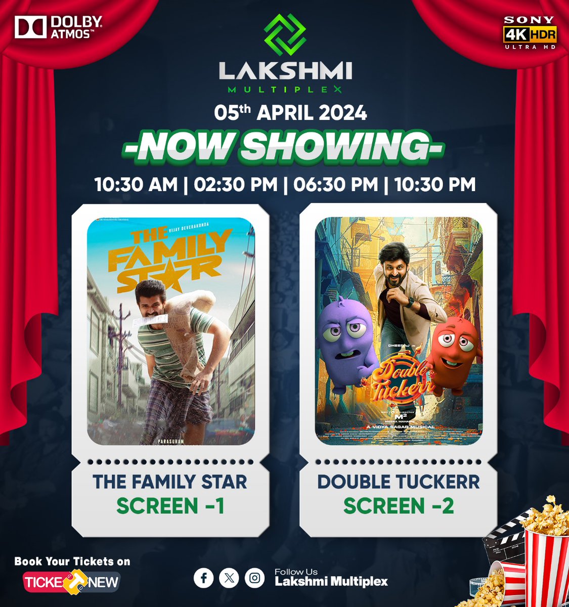 Now showing @lakshmimultiplex Screen - 1 The Family Star 💥 Screen - 2 Double Tuckerr 💯❤️ Experience kovilpattis biggest screen 🤩 Book your tickets on @ticketnew #lakshmimultiplex