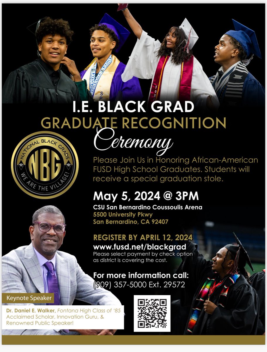 Updated Link! 🚨 Class of 2️⃣0️⃣2️⃣4️⃣: Register for the IE Black Grad Ceremony — a huge celebration to recognize our African American/Black graduates! 🎓 @fontanaunified will pay registration fees and you receive a Kente cloth stole to wear at graduation! Deadline: April 12. 💚