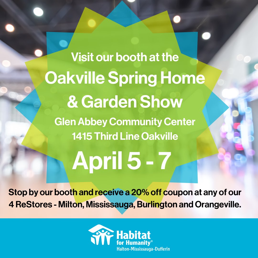 HabitatHMD's tweet image. Stop by the Oakville Spring Home &amp;amp; Garden Show at Glen Abbey Community Centre and pay a visit to the Habitat for Humanity HMD booth! Visiting us and you will receive a 20% off coupon for any of our four ReStore locations! 

#HomeShow #HabitatHMD #ReStore #Coupon