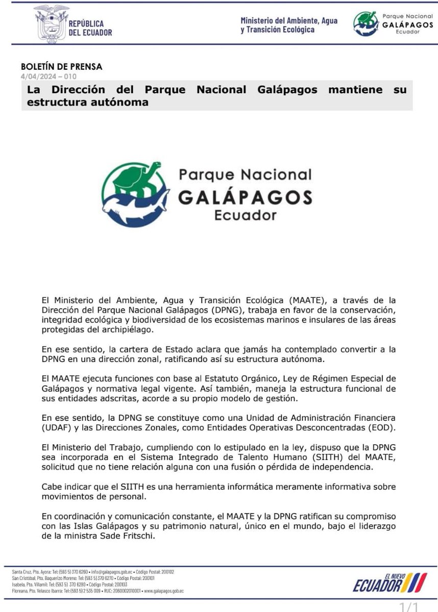 [BOLETÍN DE PRENSA] 📌📄 “La Dirección del Parque Nacional Galápagos mantiene su estructura autónoma” Léelo en el siguiente enlace: 📲👇 facebook.com/share/p/EhVVDJ…