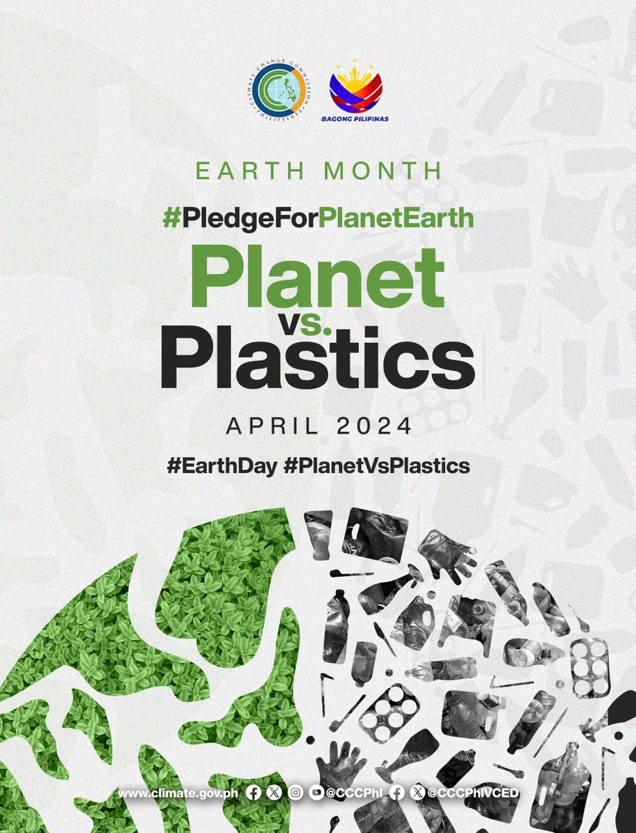 CCCPHL's tweet photo. The Climate Change Commission is one with the world in fighting against plastic pollution.
This April, we are launching our social media campaign, โ#PledgeForPlanetEarth," in celebration of the Earth Month with the theme โPlanet vs Plastics.โ https://t.co/ffwH1G06pi