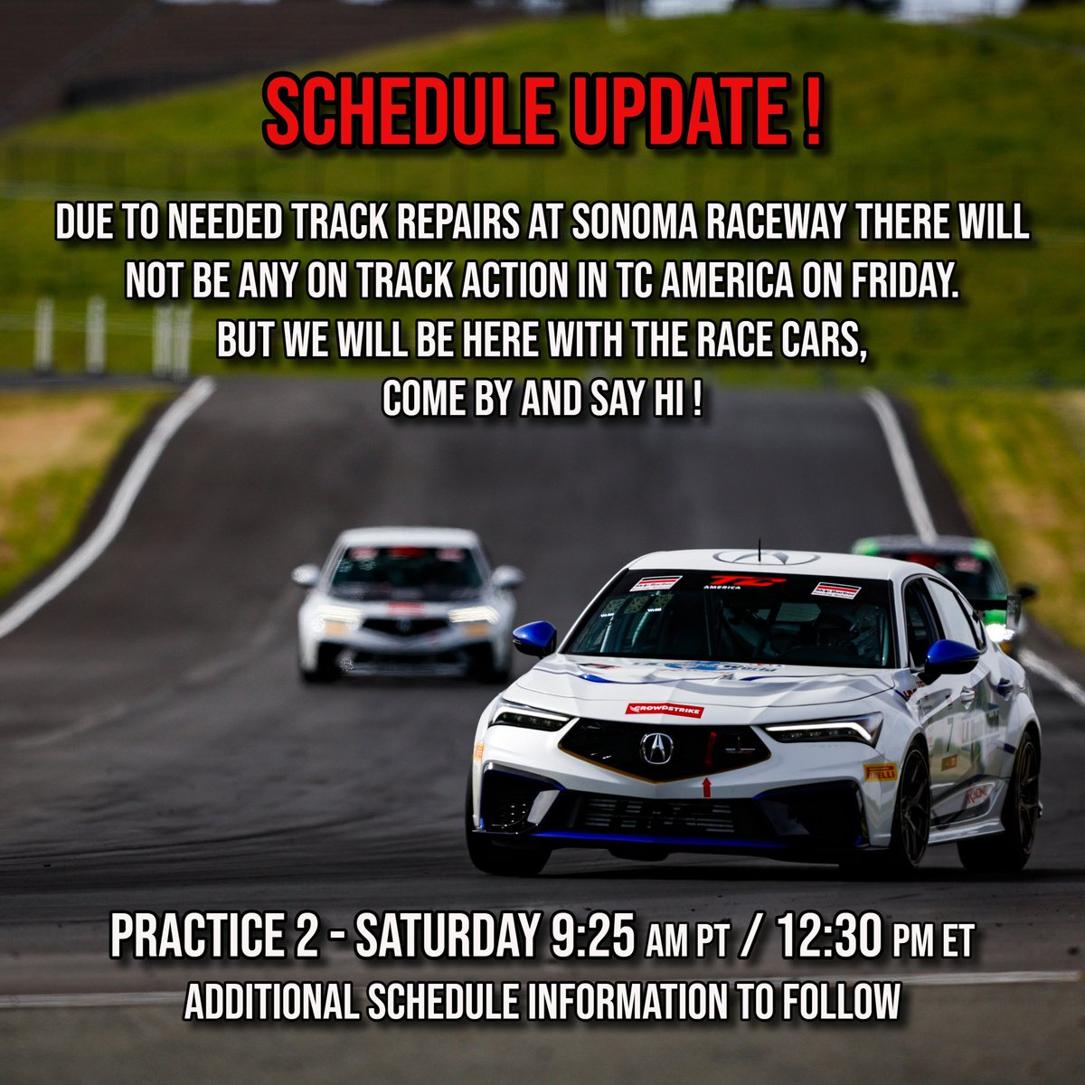 TC America action has been postponed till Saturday due to repairs to the track surface that are being performed safely and efficiently by Sonoma Raceway. Practice 2 will now take place Saturday at 9:25 AM PT / 12:30 PM ET. Additional updates to follow for Qualifying and Race…