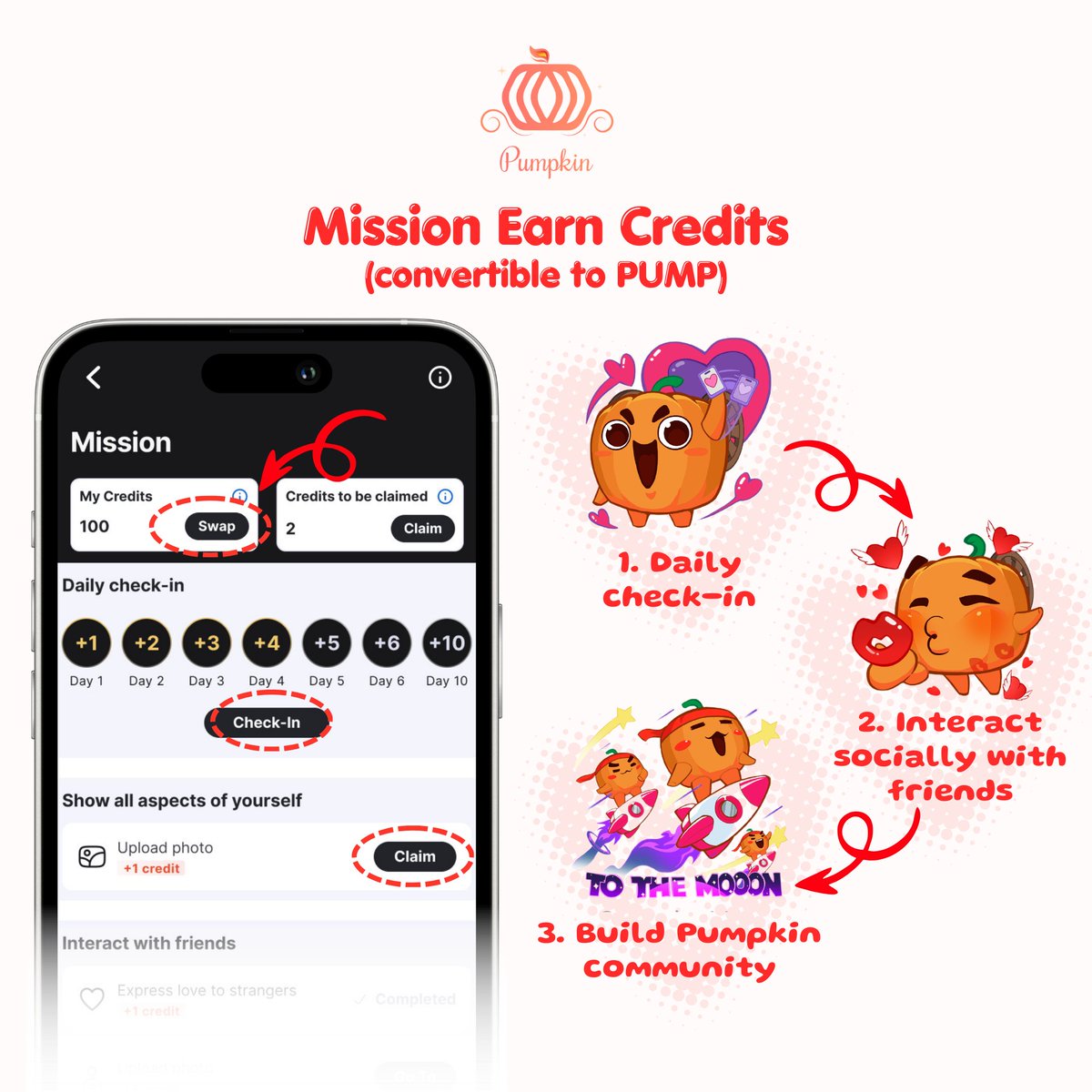 Pumpkin_global's tweet photo. Pumpkin - Social to Earn introduces Mission

💰Earn Credits (convertible to $PUMP) 

📍Daily check-in
📍Interact socially with friends: daily Likes ❤��, daily Matches 💞, SuperLikes 🌟, give Pumpkins 🎃
📍Build Pumpkin community: invite friends to socialize and earn

Update now and start earning 💰