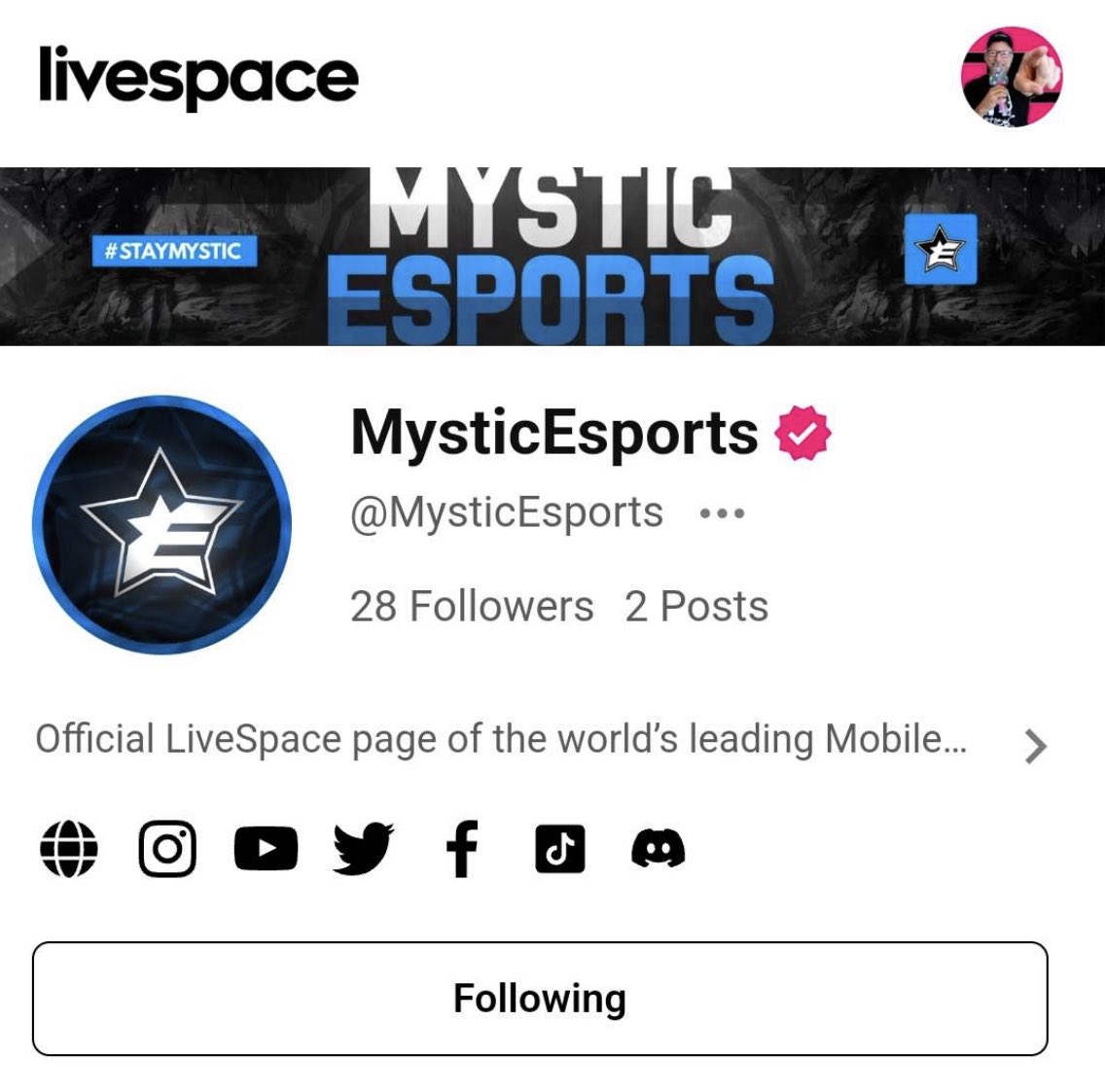 Mystic Esports is the FIRST officially verified account on @StreamLiveSpace! ✔️ Make sure to follow our LiveSpace page so you won’t miss any exclusive content! 😉 live.space/MysticEsports #MysticNation #StayMystic