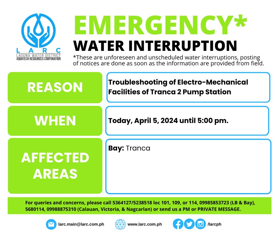 LARCph's tweet photo. Please be advised of the EMERGENCY water interruption. Low water pressure to no water supply may be experienced.  Please check this post from time to time for updates. 
#LARCph https://t.co/6KtAQNqaiv