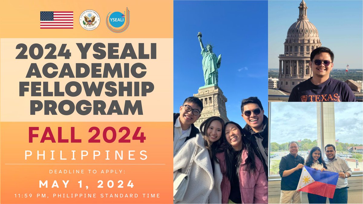 Calling all Filipino leaders ages 18 to 25:  Applications for the Fall 2024 @yseali Academic Fellowship are now open! This five-week exchange program will hone your skills in leadership and in engaging with your communities. Find more information here: ph.usembassy.gov/call-for-appli…