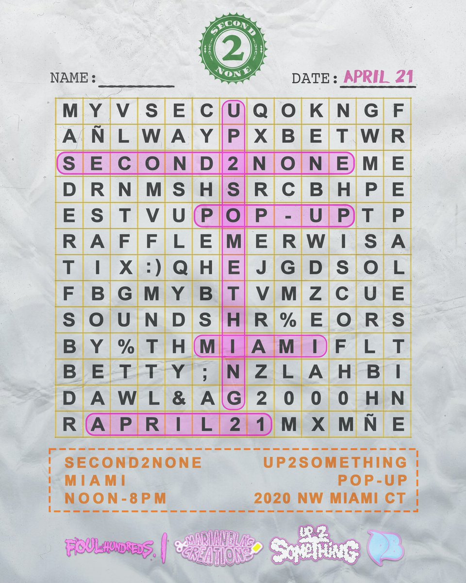 thefoulhundreds's tweet photo. 4.21 #MIAMI  SECOND2NONE ACADEMY POP-UP 
📍 @up2somethingstudios 
🕰️ NOON - 8PM 
Music by @bettydawl @adrianb4giovani 
Peruvian drinks by @KANGIE2THE ‘s mom 🔥

See you there 🙃 https://t.co/urkftm21Y1