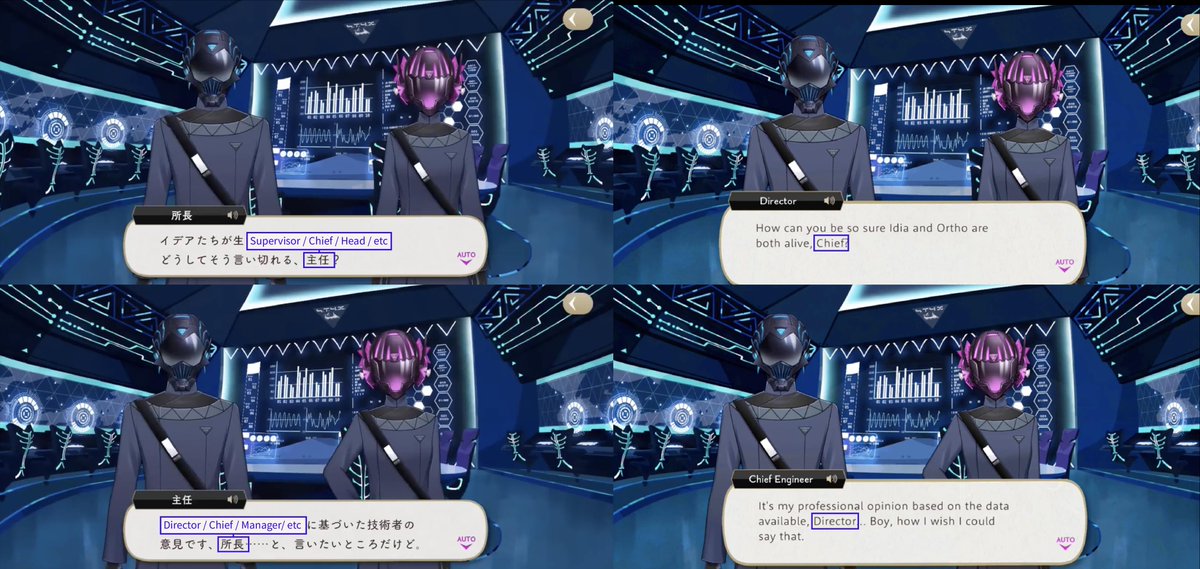 YuuRei20's tweet photo. Dialogue Comparison: Shroud Family #twstdialogue

Idia and Ortho’s parents refer to one another as 主任 (EN: Chief) and 所長 (EN: Director) when discussing work.

When discussing family they use パパ (Papa on JP, honey/dear on EN) and 母さん (Mom on JP, “my dear” on EN)

↓
1/11 https://t.co/PA74Mzr6oa