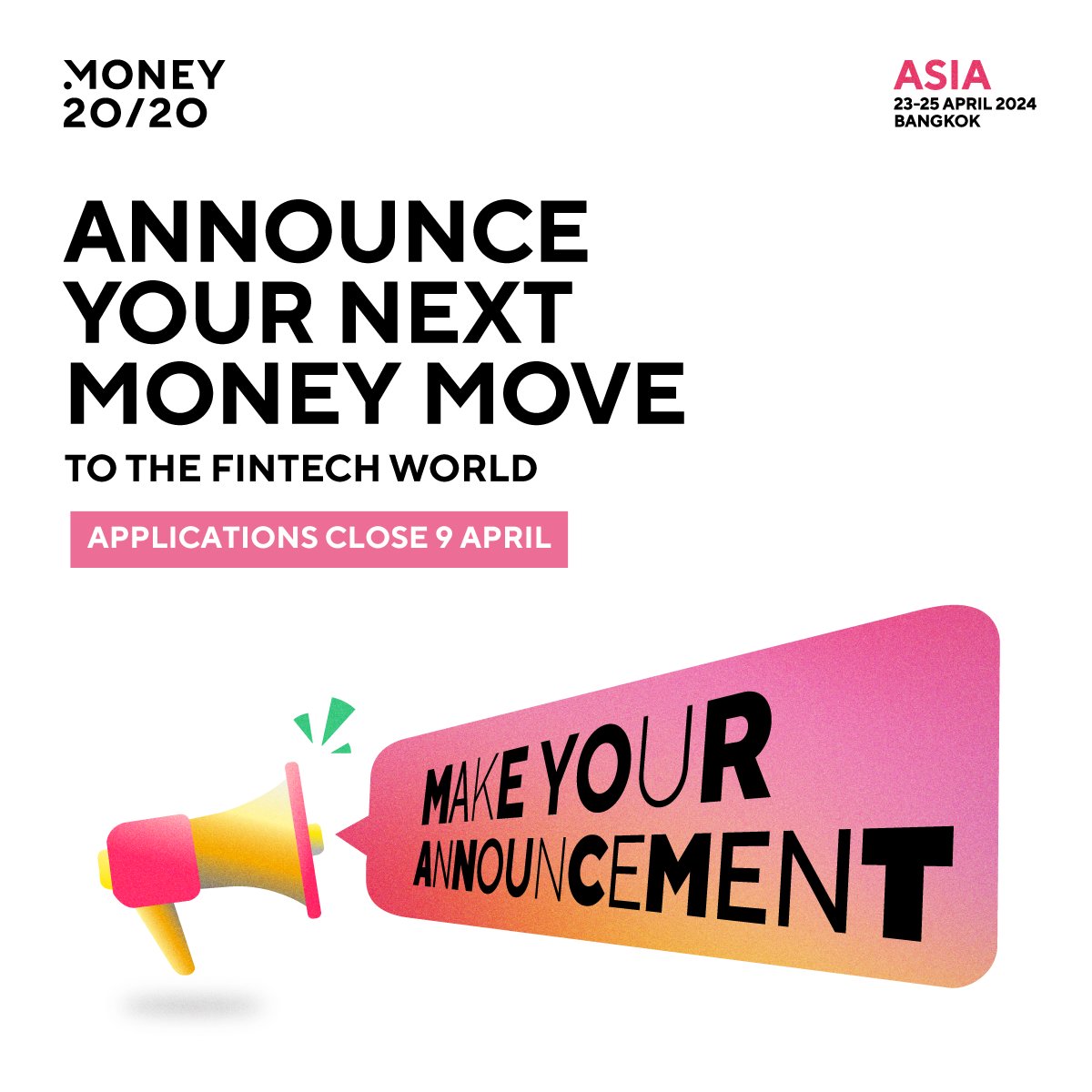 Don't miss your shot to unveil your biggest news of the year at #Money2020Asia! 📣 Submit your embargoed story or press release before 9 April and seize the spotlight in front of a global media audience: bit.ly/49kAI6n