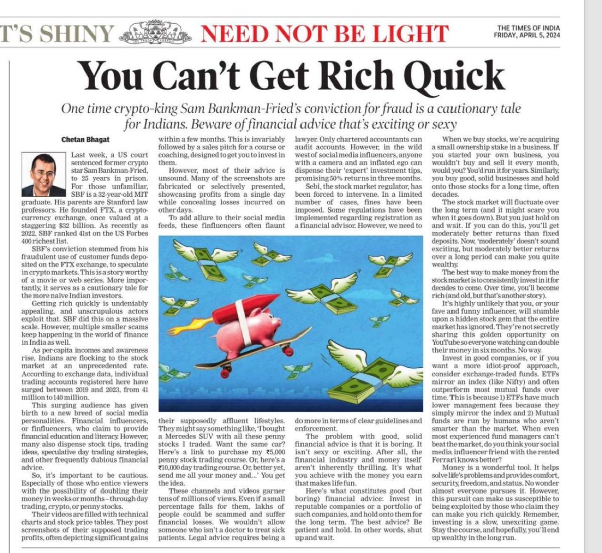 Must read article by ⁦@chetan_bhagat⁩ ⁦@timesofindia⁩. Financial education and Awareness is must in fast growing per capita income . Return on Investment = Product knowledge + Investment time + Asset allocation + Financial Advisor .