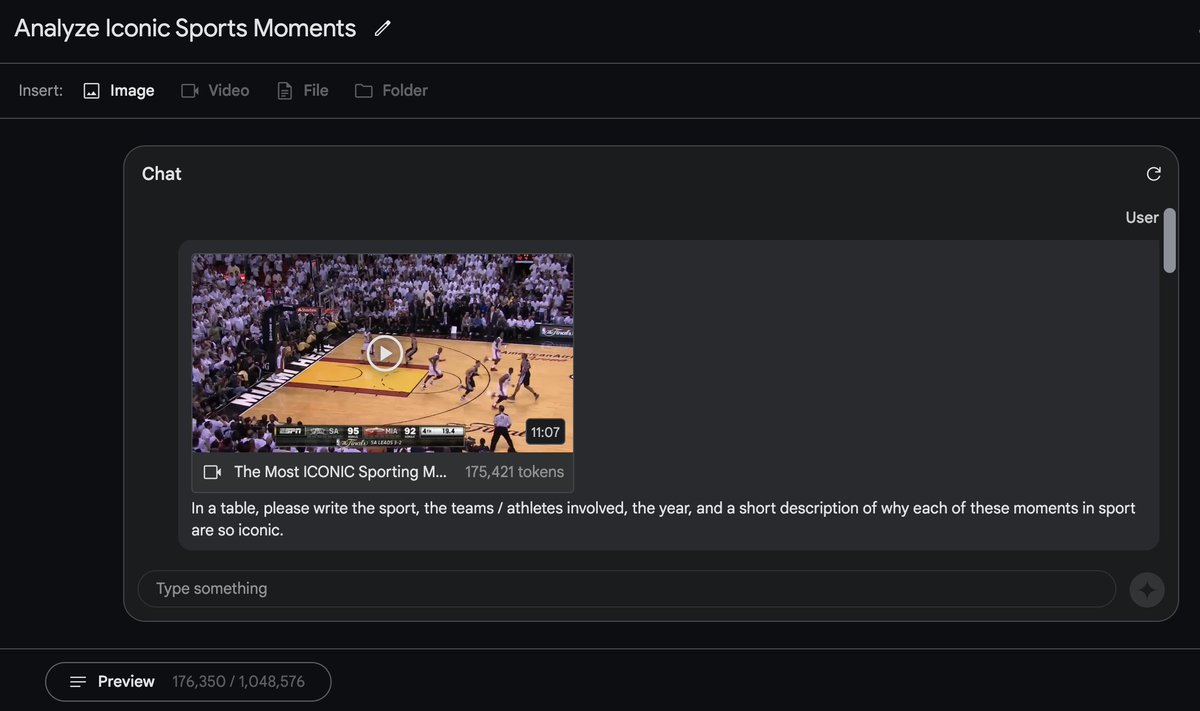 Gemini 1.5 Pro's video understanding is the most underrated things in AI. In ~50s, it 'saw' a 11min Youtube video (~175k tokens) of the most iconic moments in sport and was able to perfectly (to my knowledge) list all 18 of the moments. There is no other video AI this good!