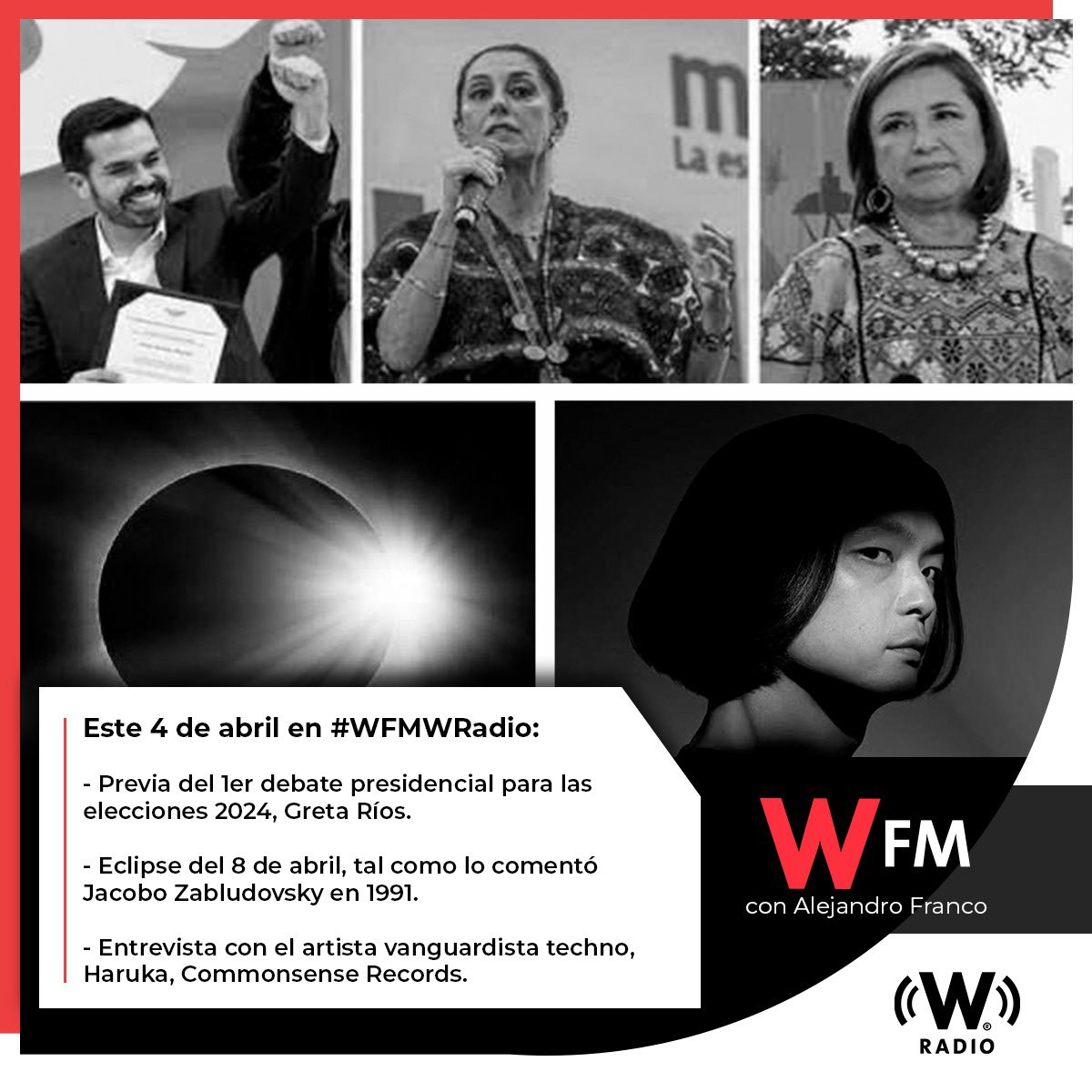 Este 4 de abril en #WFMWRadio:
- Previa del primer debate presidencial para las elecciones con @gretadice.
- Pieza sobre el eclipse del 8 de abril, tal como lo comentó Jacobo Zabludovsky en julio de 1991.
- @CommonSense_Rec presenta una entrevista con el artista techno, Haruka.