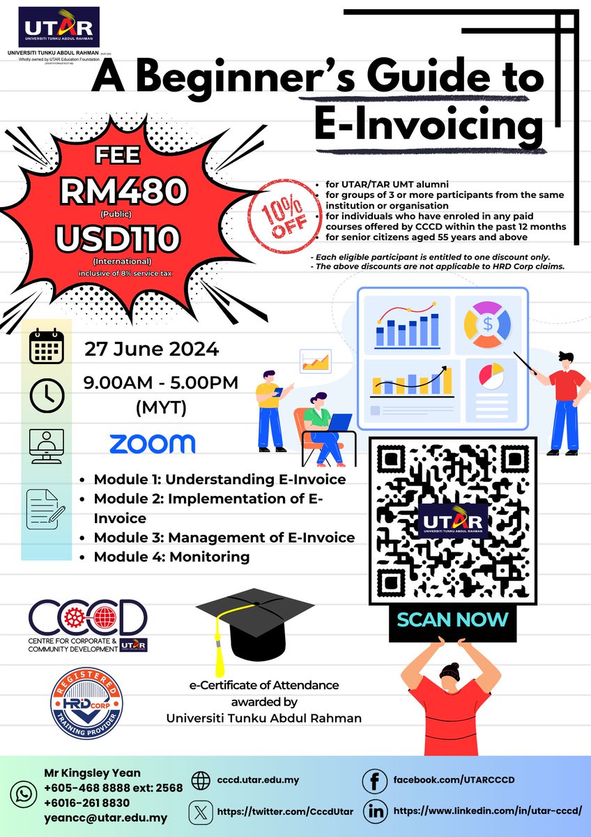 A Beginner's Guide to E-Invoicing Date                     : 27 June 2024 Platform             : Zoom Register Now   : forms.gle/ciBEVqh8twrKsX… For further information, please contact: Mr Kingsley at Mobile: 016-2618830 or Email: yeancc@utar.edu.my Thank you. CCCD