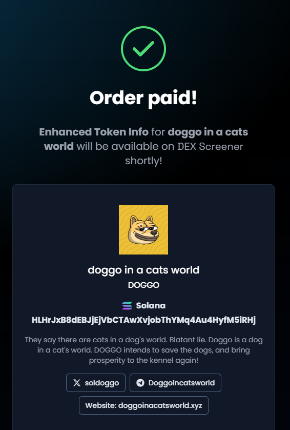 SolDoggo's tweet photo. Dexscreener is paid, time for the $DOGGO takeover to begin! https://t.co/syT5DkcIYx