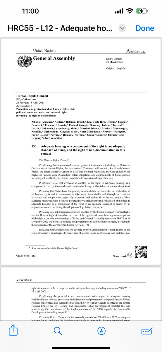 Thematic resolution on the R2housing adopted at the #HRC55. Tnx to the core group, especially #Finland . Focus on rights of disabled persons. Also welcomes my forthcoming guiding principles on resettlement. Asks States ‘to avoid and prevent’ destruction of housing in conflicts.