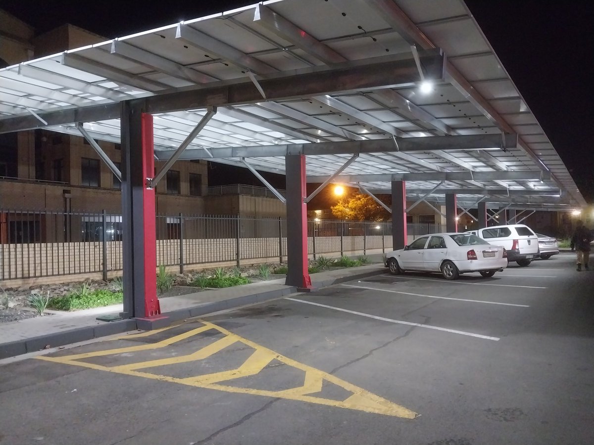 PV array at McDonald's in Bloemfontein. With batteries immune to load shedding. #SDG7 Beautiful structural engineering.