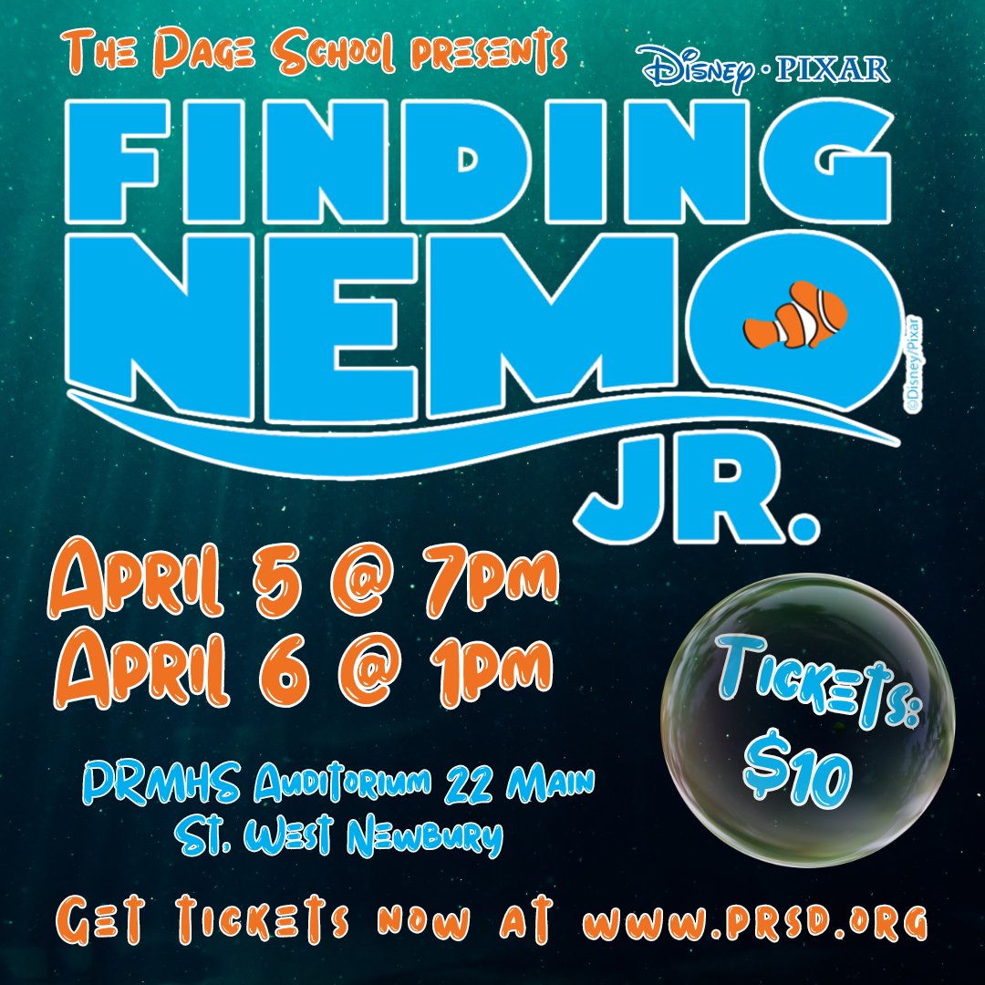 TONIGHT, the Page School presents the opening night of Finding Nemo JR!

The show will run tonight, 4/5 @ 7pm & tomorrow, 4/6 @ 1pm at the PMHS Auditorium in West Newbury. Tickets are $10/person & can be purchased in advance at prsd.ludus.com!