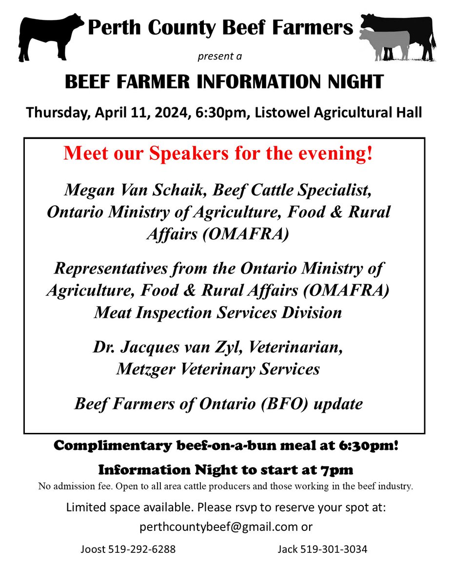 Don't miss the Perth County Beef Farmers Information Night, this coming Thurs., Apr. 11th in Listowel with a great list of speakers, an opportunity to connect with fellow beef farmers & a complimentary beef-on-a-bun meal. Please rsvp to attend! @BeefFarmersON #ontag