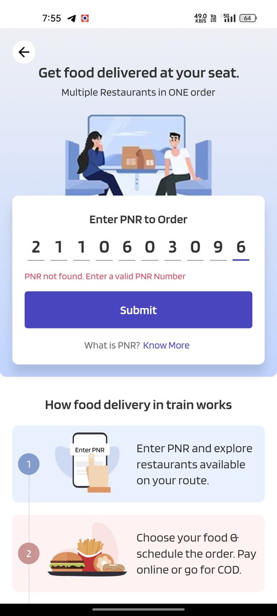 Blinkshakti's tweet photo. @eatsurenow team, seems like food on train feature is not working on your app. I tried in 2 journeys, both times I'm getting PNR not found but these PNRs are/were valid. Attaching SS for reference. Please disable this feature until fixed. https://t.co/mp7n31rSja