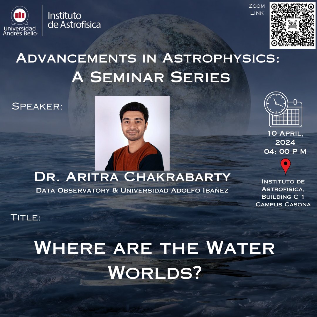 Dear All,

Next Wed, April 10 at 4:00 pm, we will have a seminar by Dr Aritra Chakrabarty (Data Observatory &amp; Universidad Adolf Ibanez).

Title: Where are the water worlds?

 Every speaker is a great opportunity to listen to new discoveries. 
<a href="/UnabDcf/">dcf.unab</a>
<a href="/DcfUnab/">DCF-UNAB</a>