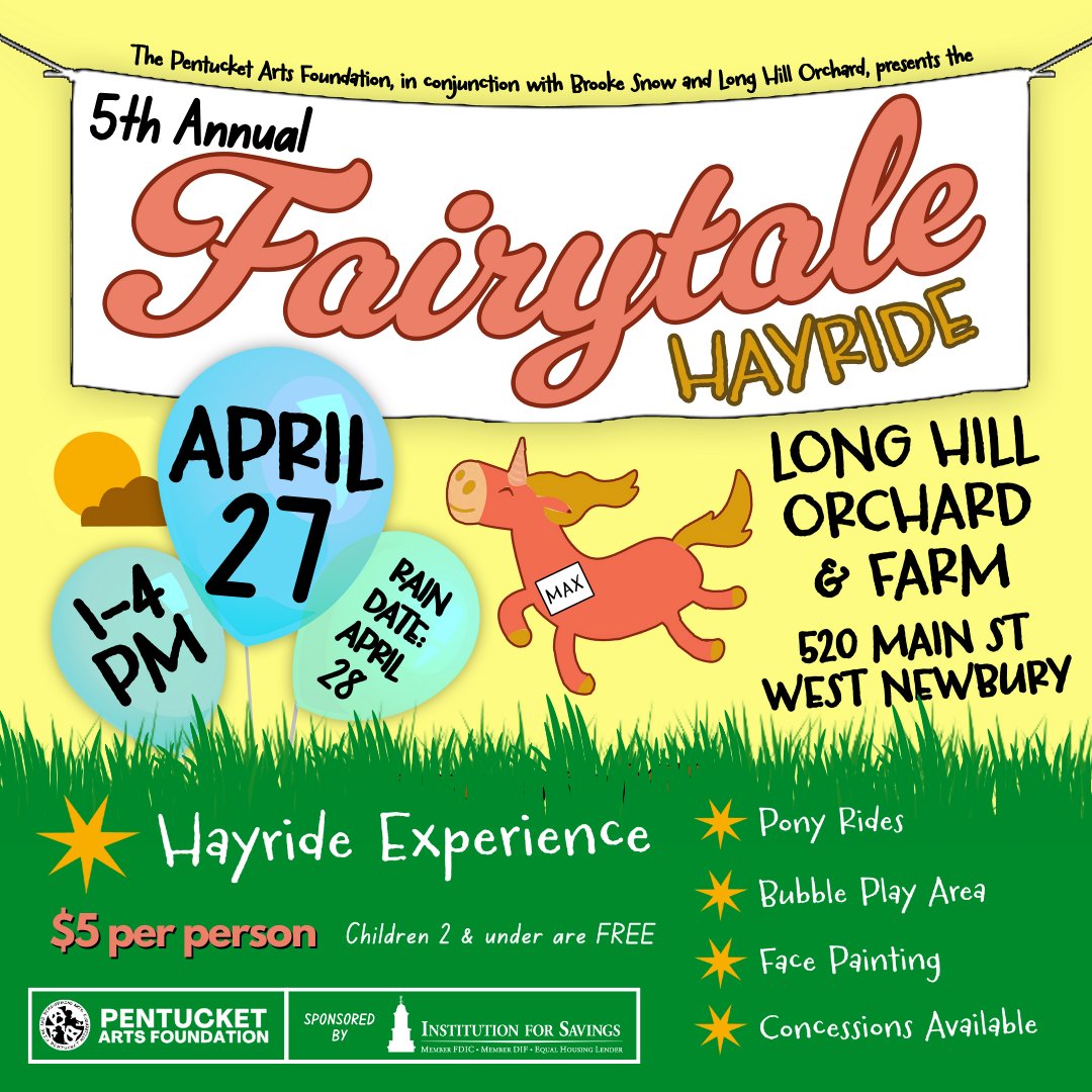 In 3 weeks, join us at Long Hill & experience the hayride of your dreams! The Fairytale Hayride runs once again on 4/27 (1pm to 4pm) at Long Hill Orchard. Tickets are $5/person & children ages 2 & under are FREE!

Visit our website at pentucketarts.org for more info!