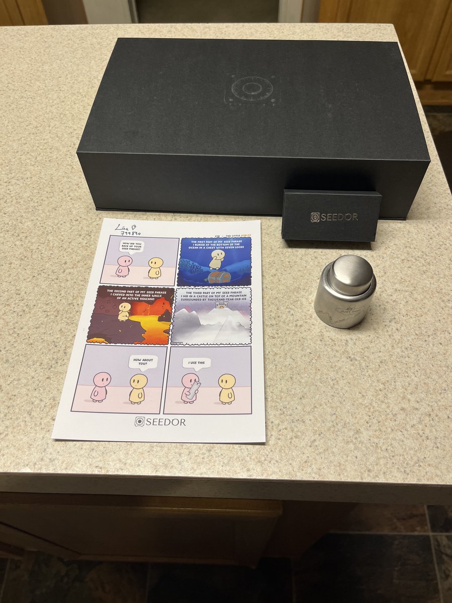 MoparMining's tweet photo. thank you @coinjoined got my Limited Edition "Little Hodler" @seedor_io package today. The little touches, adding laser work with the Little Hodler makes it special. He also made me a bottle topper which I placed on my #moonwine from @SatoshisArk https://t.co/LPtUa9ahja