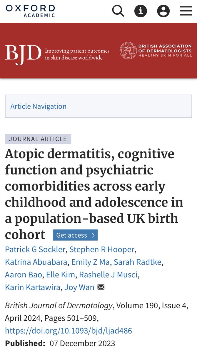 In this cohort study, the authors examined the relationship between pediatric atopic dermatitis (AD) and intellectual ability between 1.5 and 15.5 years of age, finding no meaningful associations between AD activity or severity and general cognition. doi.org/10.1093/bjd/lj…