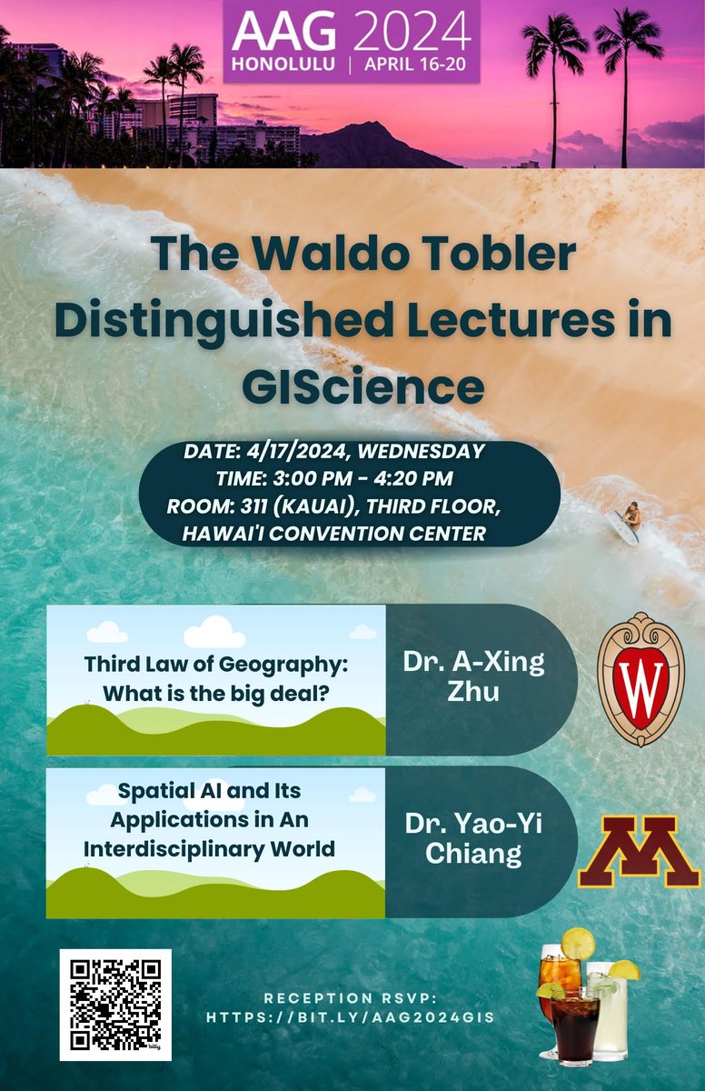 Aloha GISers! Join us for the Waldo Tobler Distinguished Lecture in GIScience in AAG2024, hosted by GISS-SG & Transactions in GIS. 📅Date: April 17, 2024 📷Time: 3:00 - 4:20 PM RSVP now in bit.ly/aag2024gis! First 100 guests get a free drink ticket!