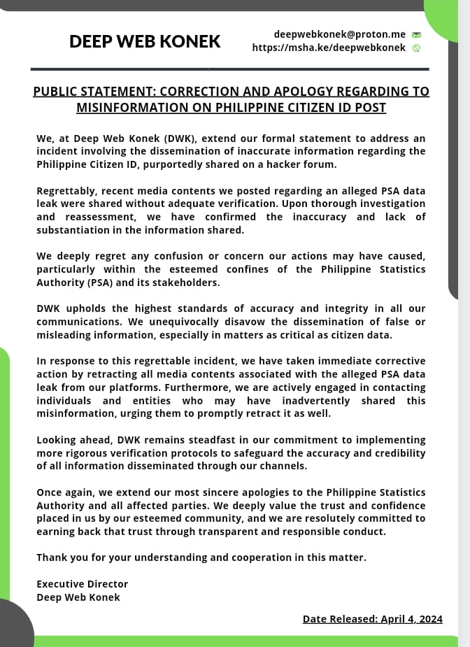 PSAgovph's tweet photo. Deep Web Konek apologized and retracted its statement on an alleged data leak in the National ID System.
Read PSA's official statement here: https://t.co/nRSHIdZb5a
#PhilSys #IDNatinTo #PSA https://t.co/lDKsQxR2M5
