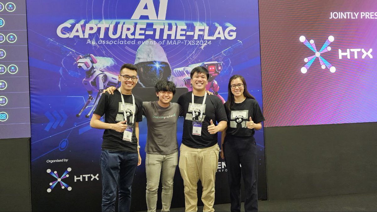NUS Greyhats (@nusgreyhats) on Twitter photo NUS Greyhats sent 2 teams to participate in the AI-CTF (Capture the Flag) at Milipol Asia-Pacific - TechX Summit 2024. Congratulations to Team Yappers for coming in 1st place!
Special thanks to the Home Team Science & Technology Agency (HTX) and <a href="/SANSInstitute/">SANS Institute</a> for organising NUS Greyhats sent 2 teams to participate in the AI-CTF (Capture the Flag) at Milipol Asia-Pacific - TechX Summit 2024. Congratulations to Team Yappers for coming in 1st place!
Special thanks to the Home Team Science & Technology Agency (HTX) and <a href="/SANSInstitute/">SANS Institute</a> for organising
