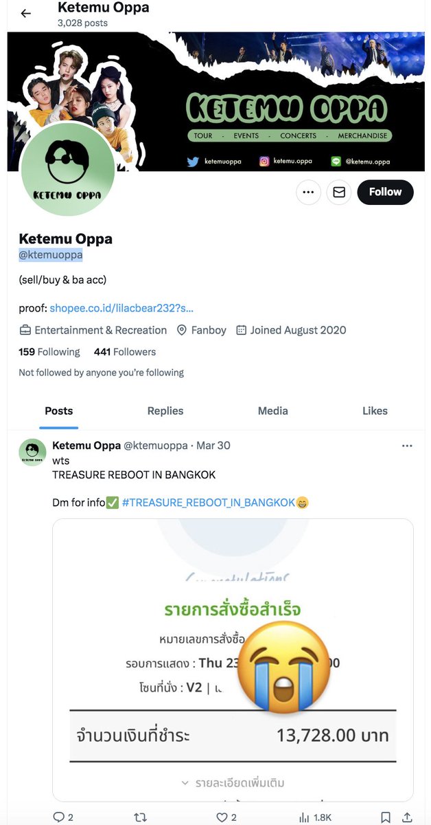 KetemuOppa's tweet photo. ⚠️PLEASE RETWEET, BLOCK, REPORT, &amp; TAG MUTUAL KAMU YANG ADA RENCANA BELI TIKET #TDS3INJAKARTA ⚠️

Mendingan block dari skrg, karena kalau udah panic buying berasa dihipnotis tau-tau transfer dan baru sadar setelahnya😭

Link : https://t.co/wDXbqQKRvu
Username : @ktemuoppa https://t.co/1gqQYI4LRy