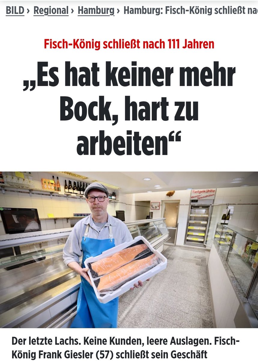 Hamburg: Fisch-König schließt nach 111 Jahren 
#Futschi

Wenn selbst ein Fischladen am betuchten Mühlenweg in #Hamburg-Winterhude nicht mehr überlebt, u.a. aufgrund fehlendem Personal, ist das schon bitter.  

m.bild.de/regional/hambu…